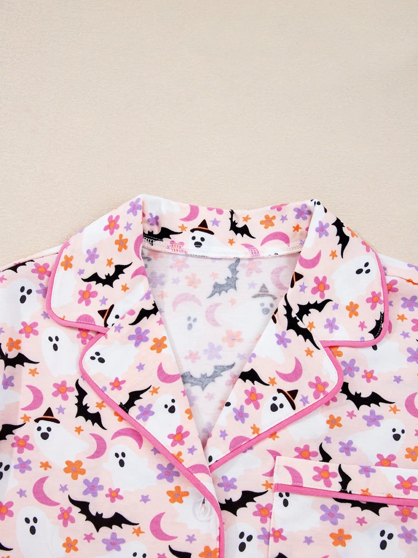Halloween Ghost Print Button Up Top and Pants Lounge Set OutfitFlow