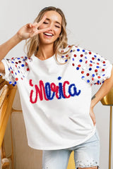 BiBi Metallic Letter Spangle Raglan Puff Sleeve Top OutfitFlow