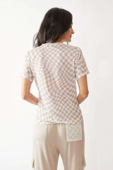 Davi & Dani Checker Board Printed Mesh Short Sleeve Top OutfitFlow