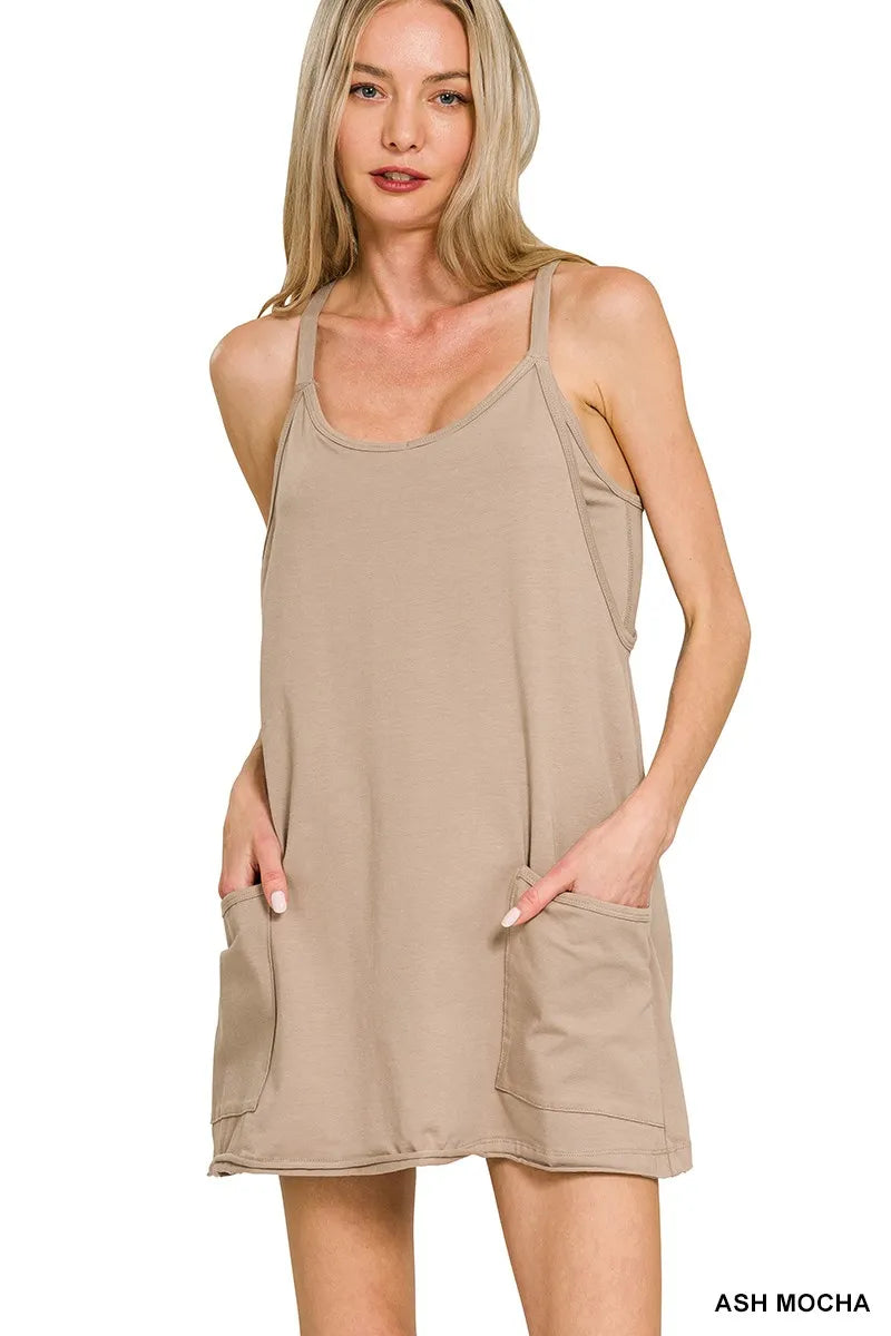 Zenana Cami Mini Dress with Built-in Romper Liner ASH MOCHA Trendsi