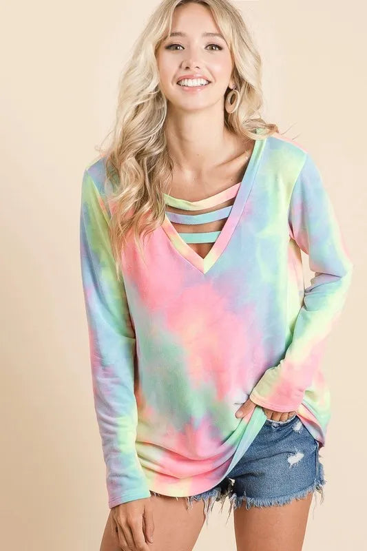 BiBi Tie Dye French Terry V-Neck Top with Strapped OutfitFlow