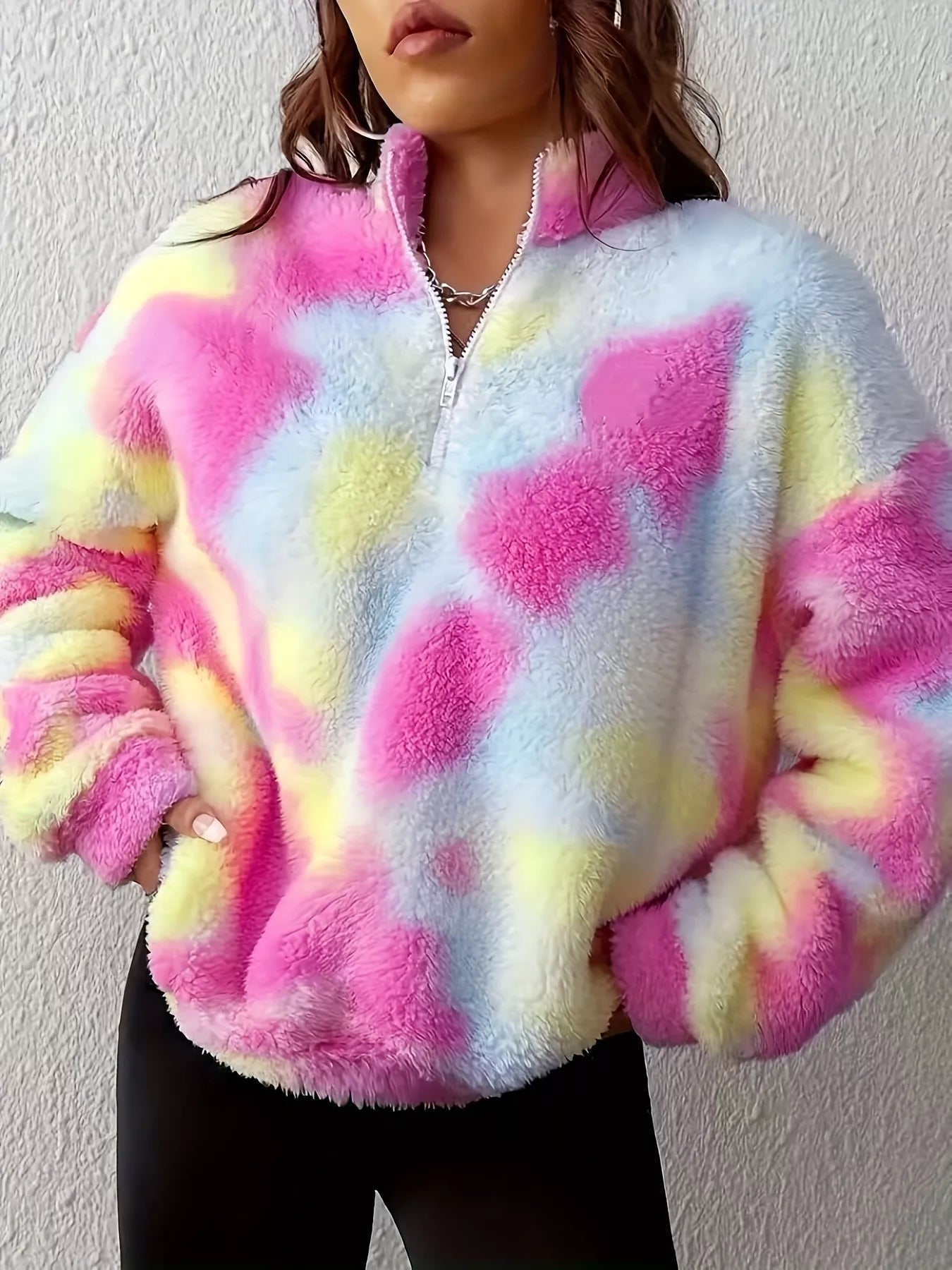 Tie-Dye Fuzzy Quarter Zip Sweatshirt OutfitFlow