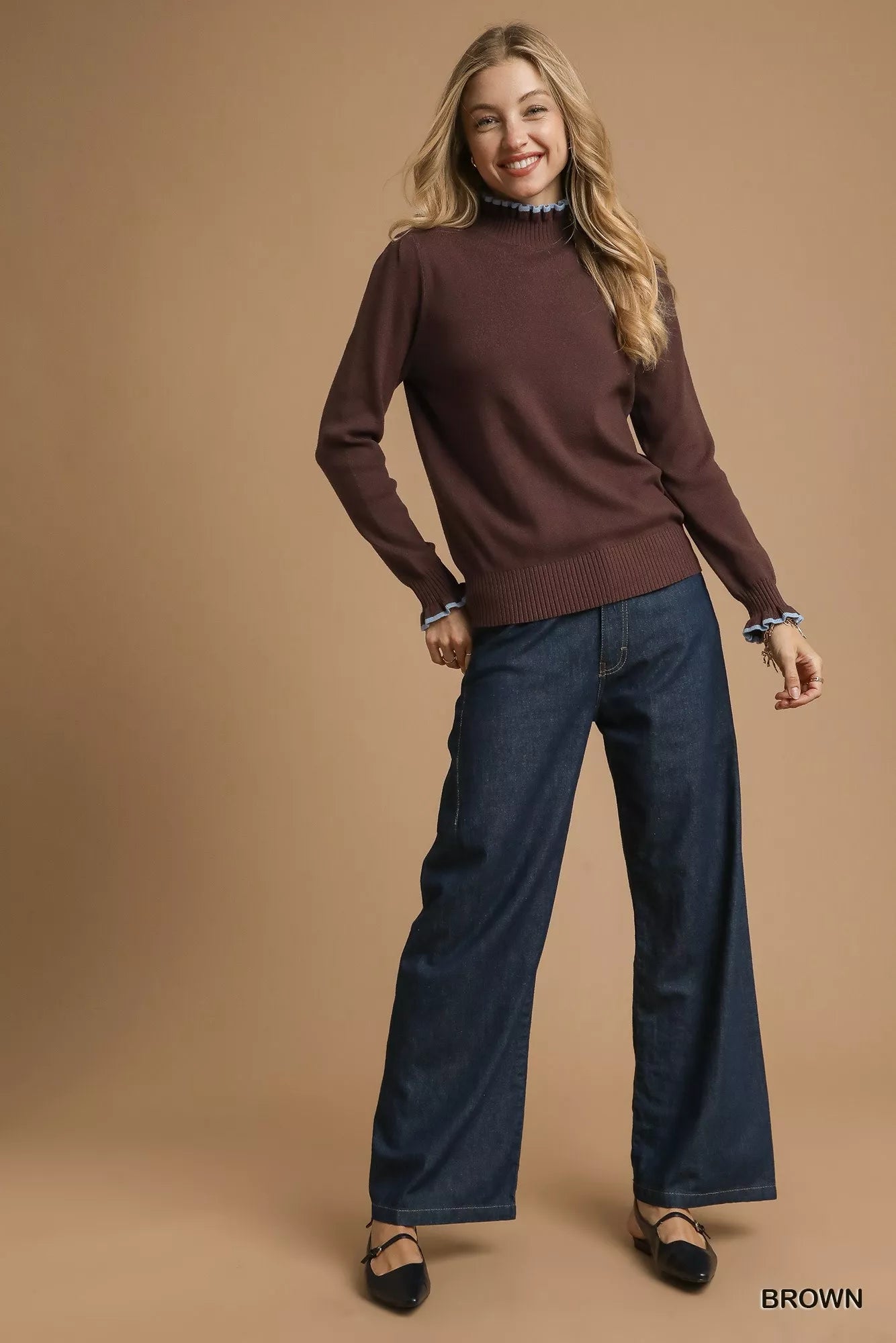 Umgee Ribbed Round Neck Sweater with Ruffle Contrast Trim OutfitFlow