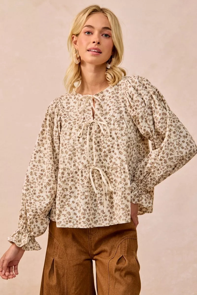 BiBi Floral Printed Peplum Blouse with Shirring and Tied OutfitFlow