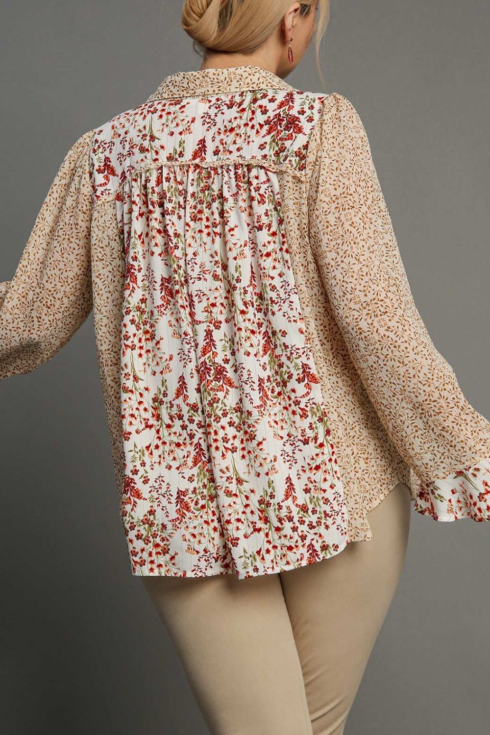 Umgee Full Size Mixed Print Metallic Detail Long Ruffle Sleeve Button Down Shirt Plus Size OutfitFlow