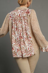 Umgee Full Size Mixed Print Metallic Detail Long Ruffle Sleeve Button Down Shirt Plus Size OutfitFlow