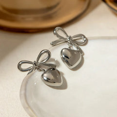 Stainless Steel Bow & Heart Drop Earrings OutfitFlow