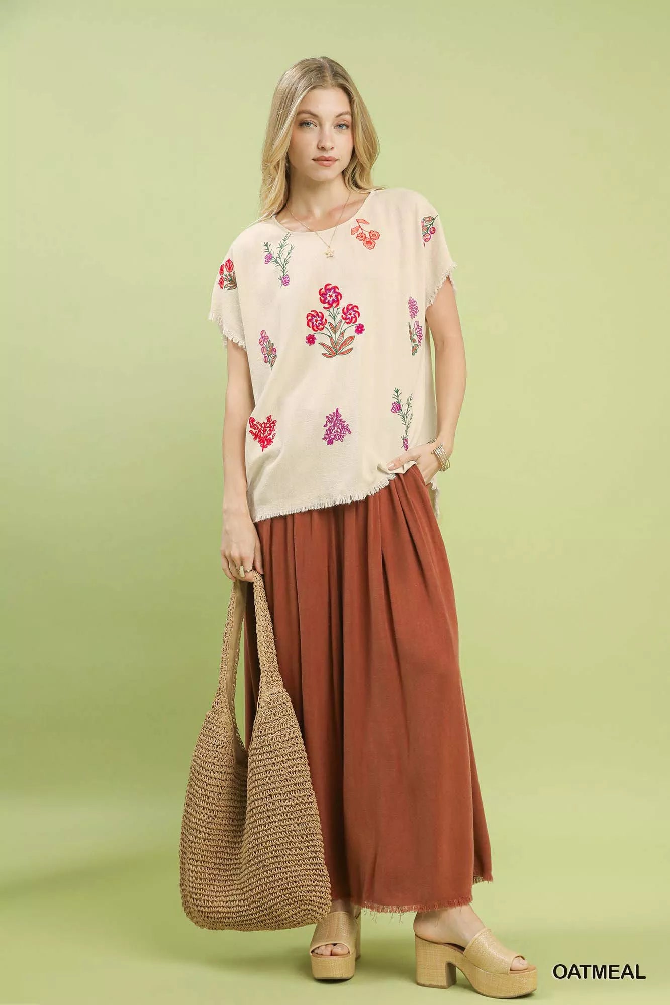 Umgee Linen Blend Embroidered Frayed Hem Top OutfitFlow