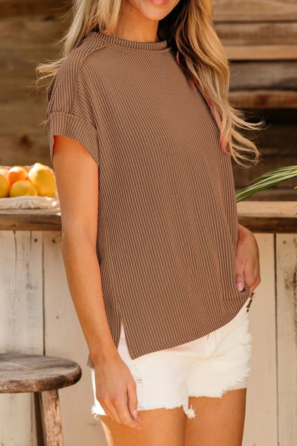 Casual Ribbed Short Sleeve Round Neck T-Shirt OutfitFlow