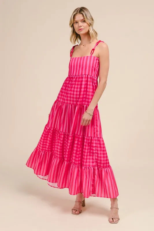 SO ME Stripe Tiered Maxi Dress with Colorful Chain Strap OutfitFlow