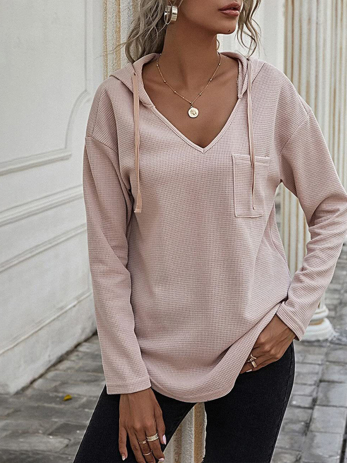 Outfit Flow - Drawstring Waffle Knit Long Sleeve Hooded Top