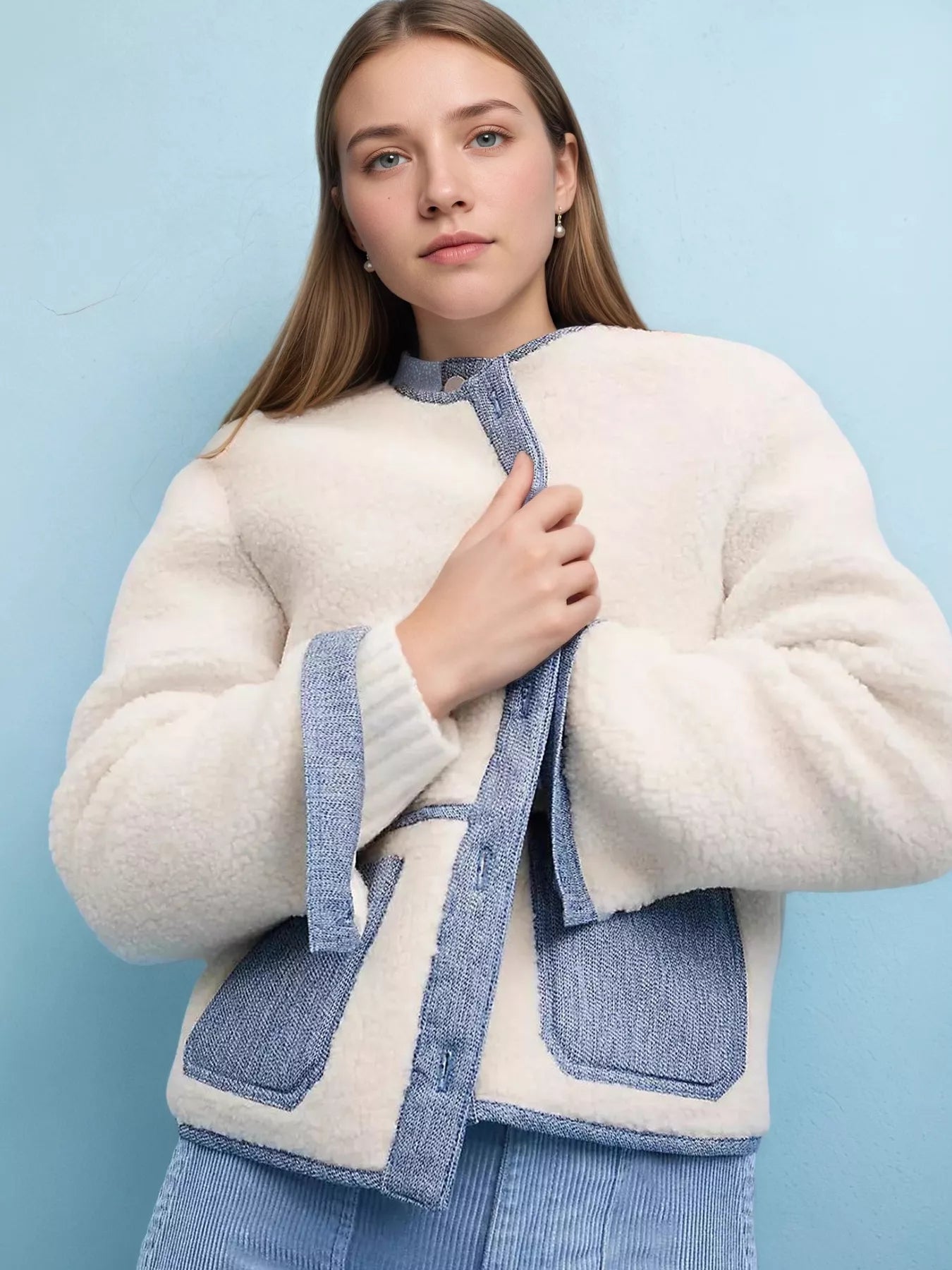 Contrast Trim Teddy Jacket White OutfitFlow