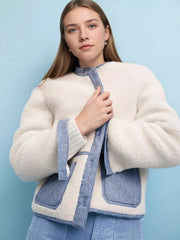 Contrast Trim Teddy Jacket White OutfitFlow