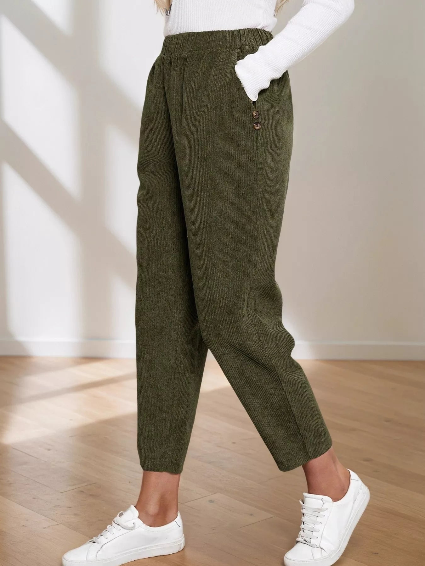 Corduroy Elastic Waist Cropped Pants Trendsi