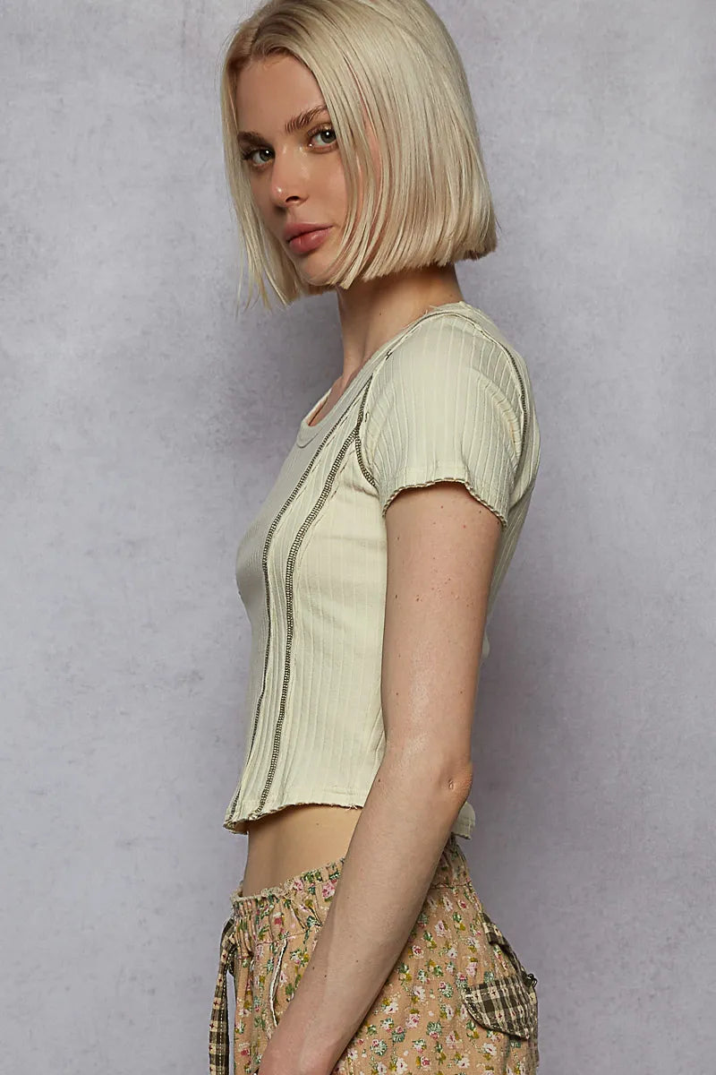 POL Contrast Stitching Round Neck Crop T-Shirt OutfitFlow