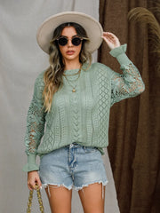 Eyelet Crochet Lantern Sleeve Sweater Trendsi