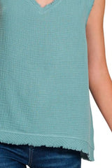 Zenana Double Gauze Raw Edge V-Neck Tank OutfitFlow