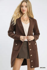 Umgee Button-Down Longline Sweater Cardigan with Front Pockets OutfitFlow