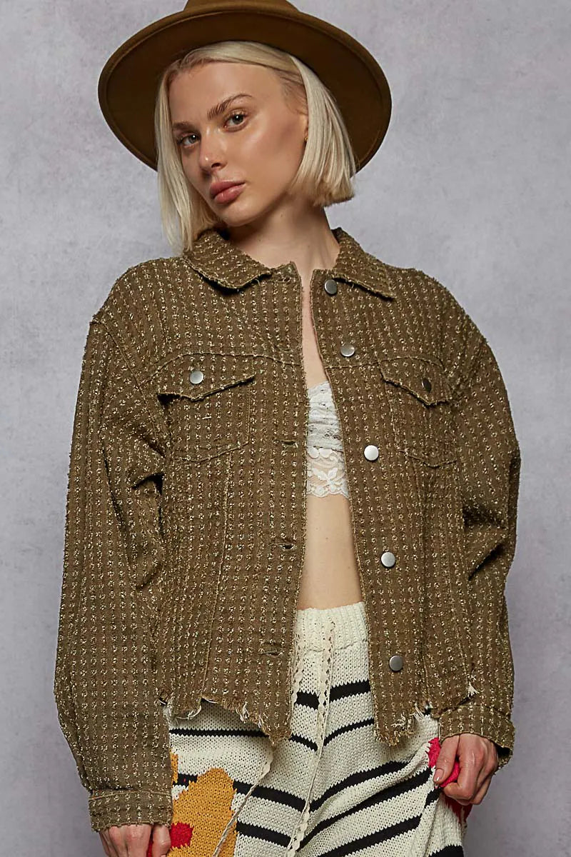 POL Raw Hem Button Up Jacket with Chest Pockets OutfitFlow
