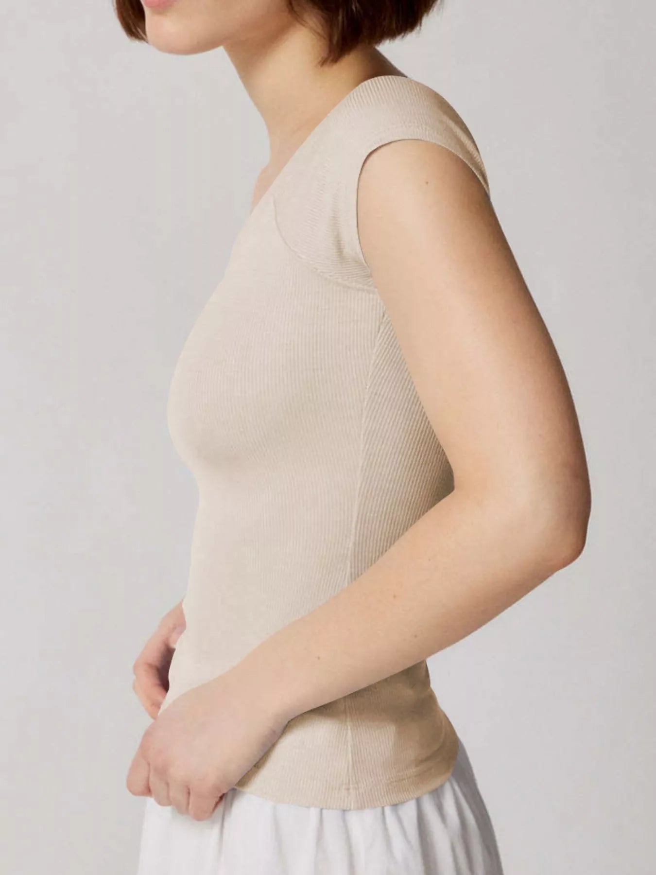 Ribbed V-Neck Cap Sleeve Fitted T-Shirt OutfitFlow