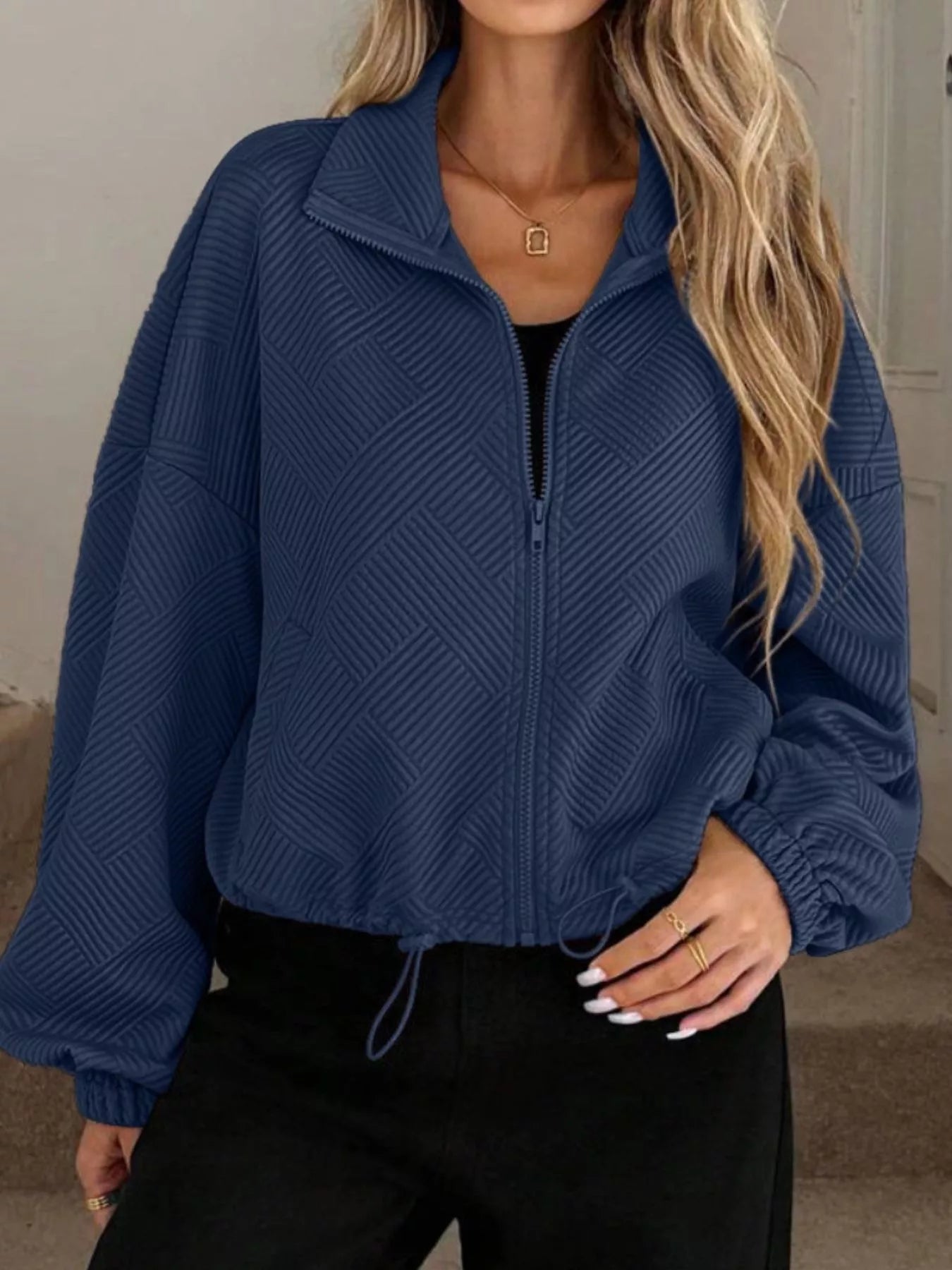 Textured Zip-Up Drawstring Hem Jacket Navy Trendsi