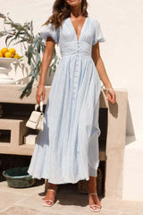 V-Neck Puff Short Sleeve Midi Dress OutfitFlow