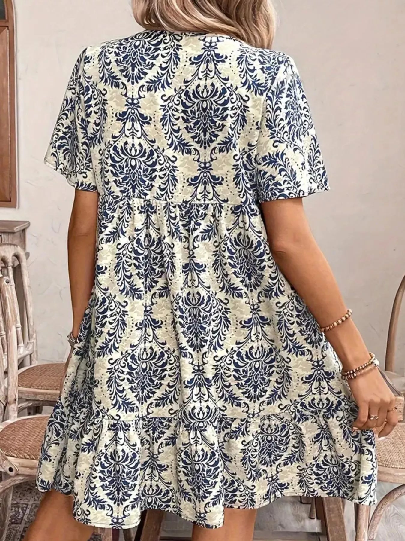 Printed Tie Neck Short Sleeve Mini Dress OutfitFlow