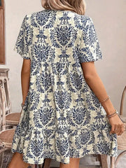 Printed Tie Neck Short Sleeve Mini Dress OutfitFlow