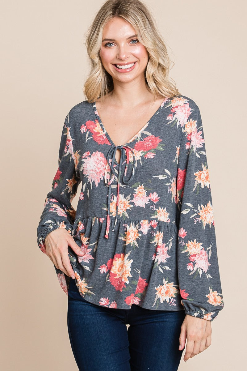 Outfit Flow - Super Lady Full Size Babydoll Floral Long Sleeve Blouse