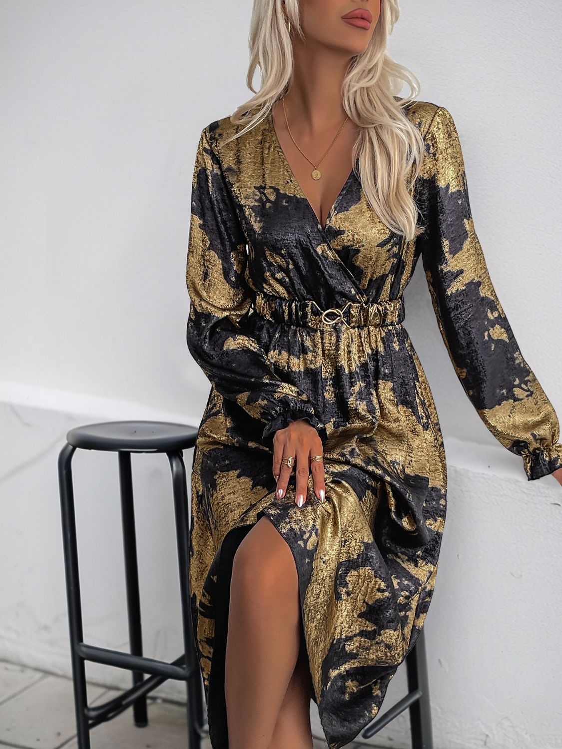 Outfit Flow - Perfee Printed Surplice Long Sleeve Midi Dress