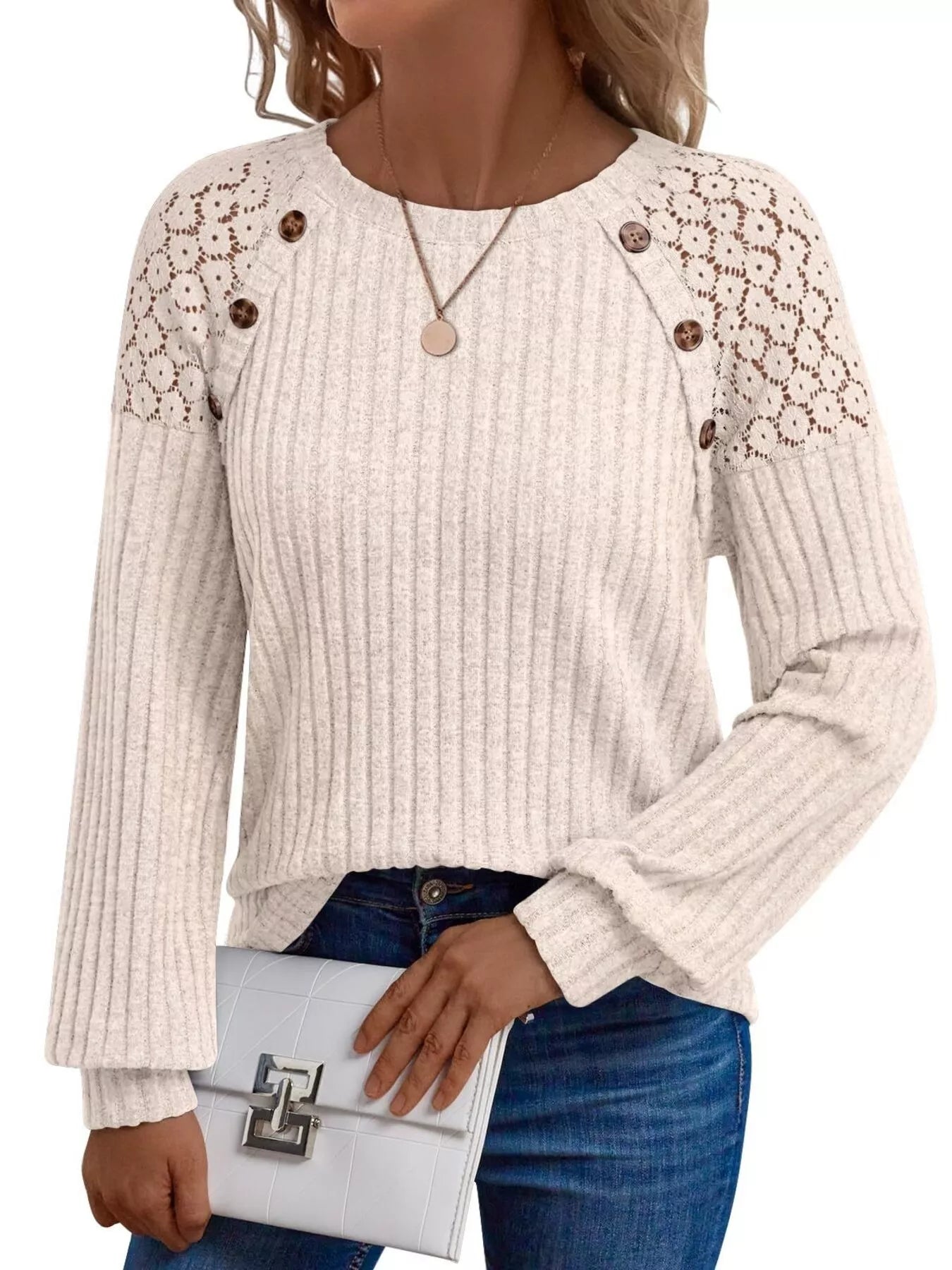 Ribbed Knit T-Shirt with Lace Shoulder Detail OutfitFlow