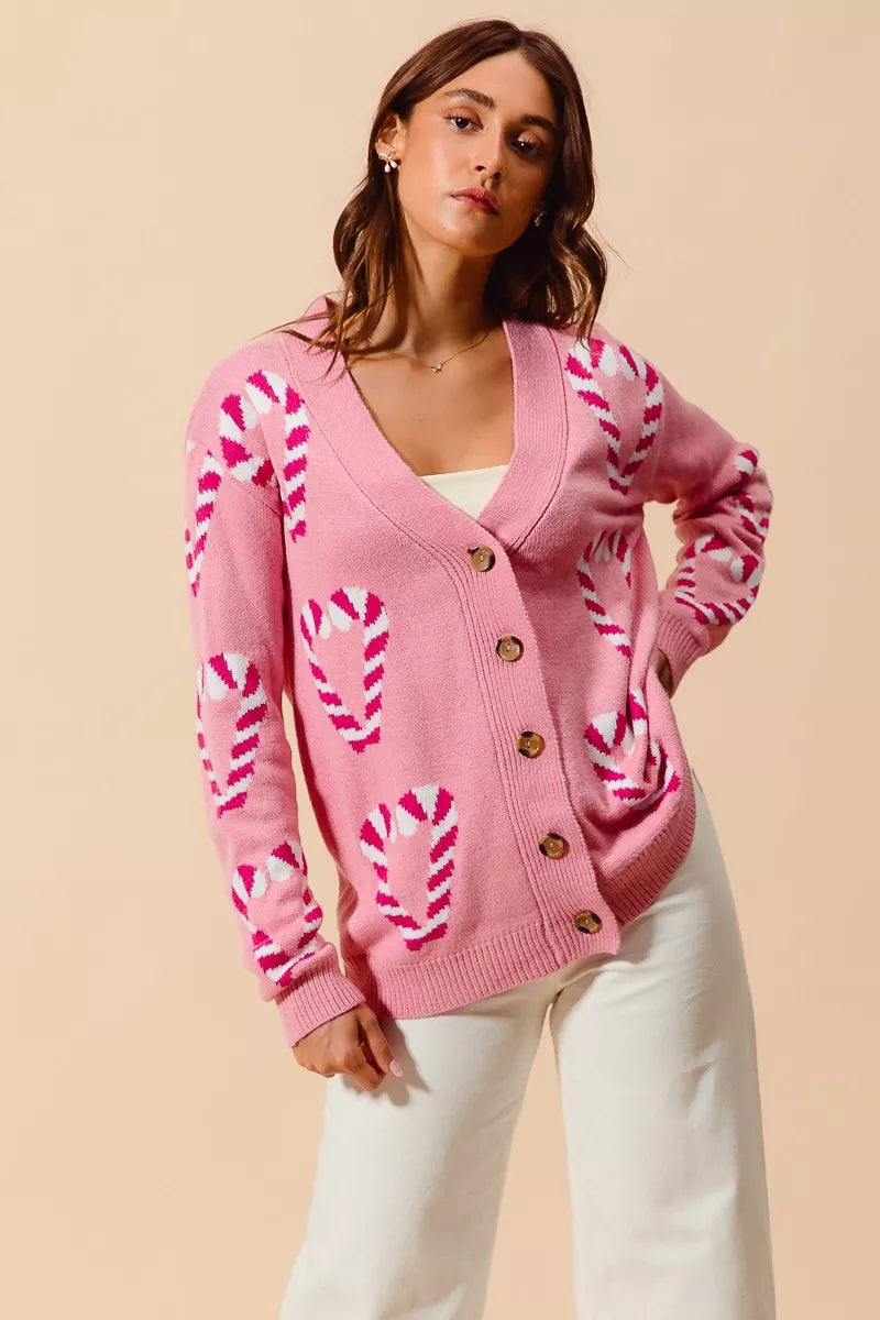 SO ME Christmas Candy Cane Button Front Sweater Cardigan OutfitFlow