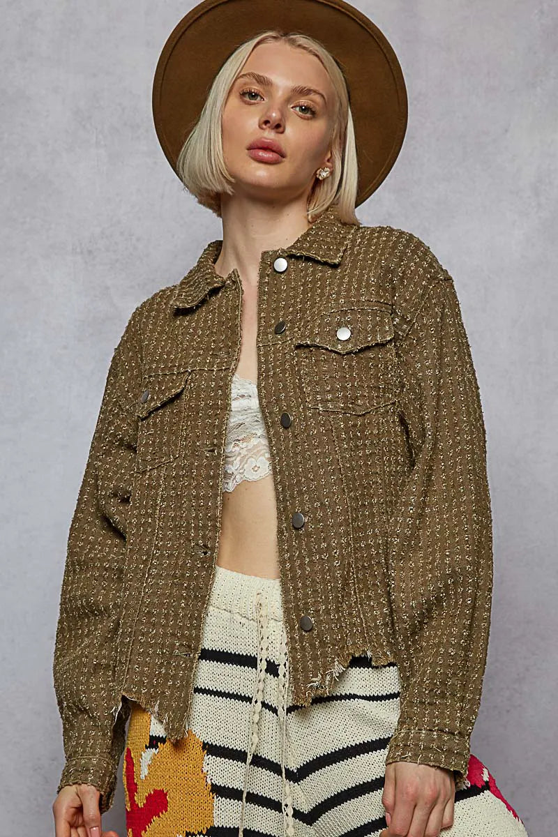 POL Raw Hem Button Up Jacket with Chest Pockets Olive OutfitFlow