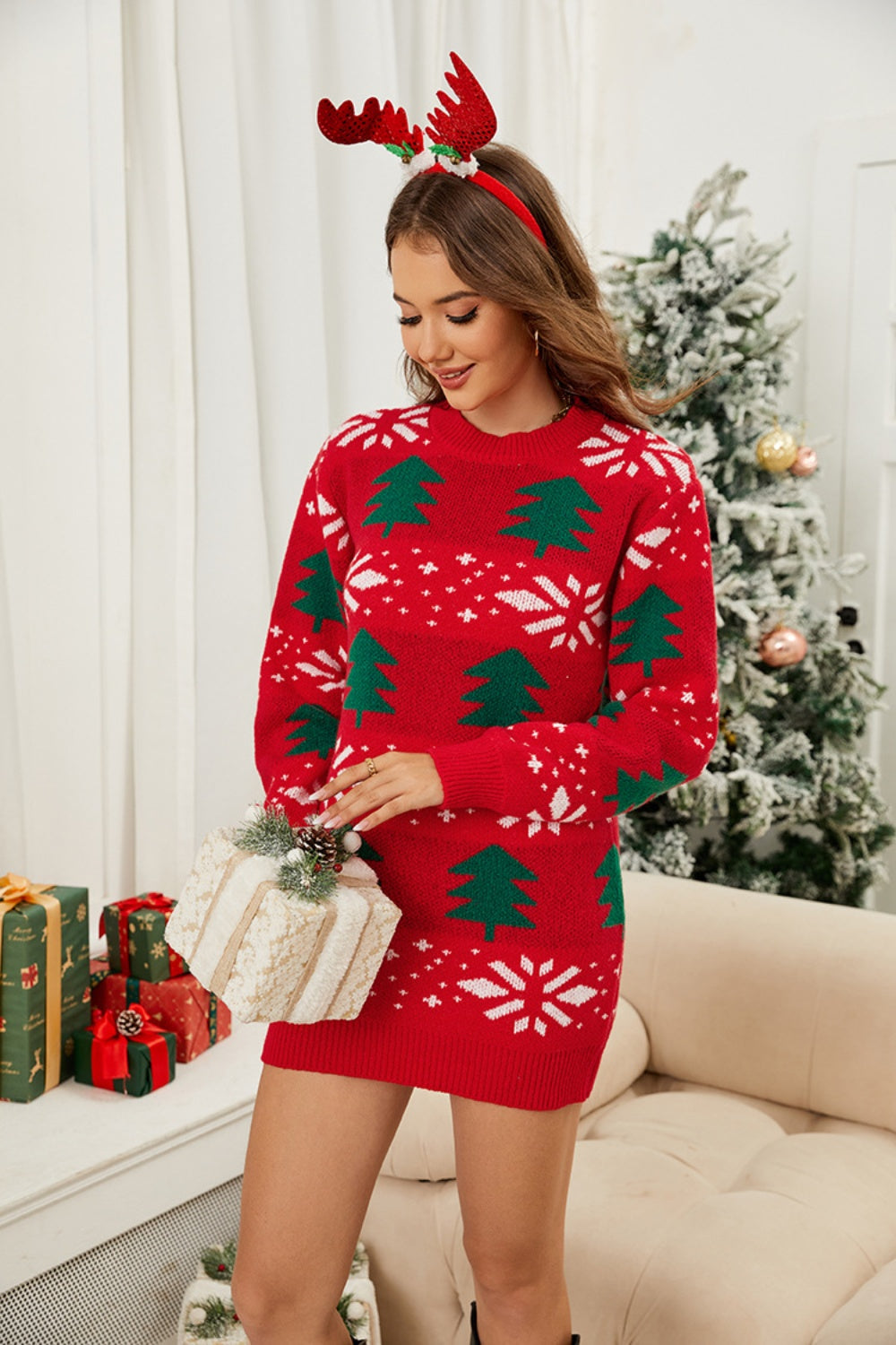 Outfit Flow - Christmas Tree Round Neck Sweater Dress