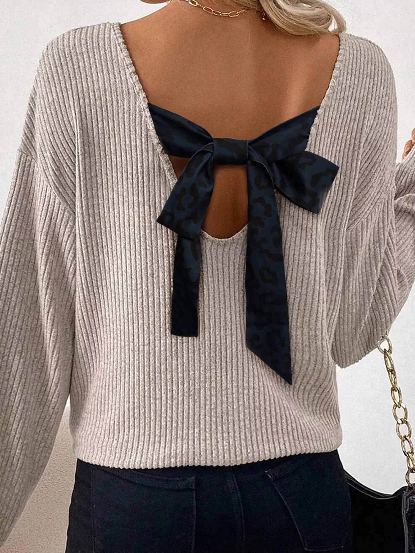 Ribbed V Neck Contrast Ribbon Bow Back Drop Shoulder Long Sleeve Top Light Gray OutfitFlow