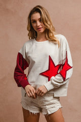 BiBi Star Patch And Spliced Hemline French Terry Long Sleeve Sweatshirt OutfitFlow