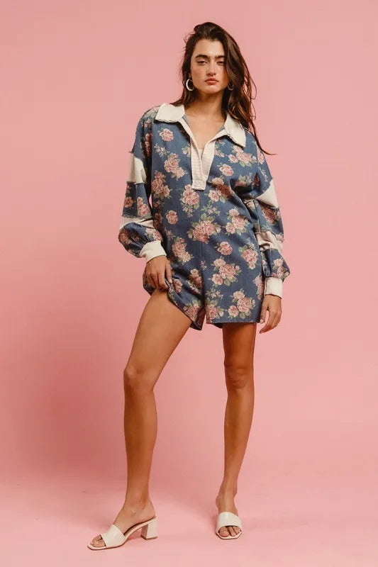 BiBi Washed Floral Denim Romper With Contrast Collar OutfitFlow