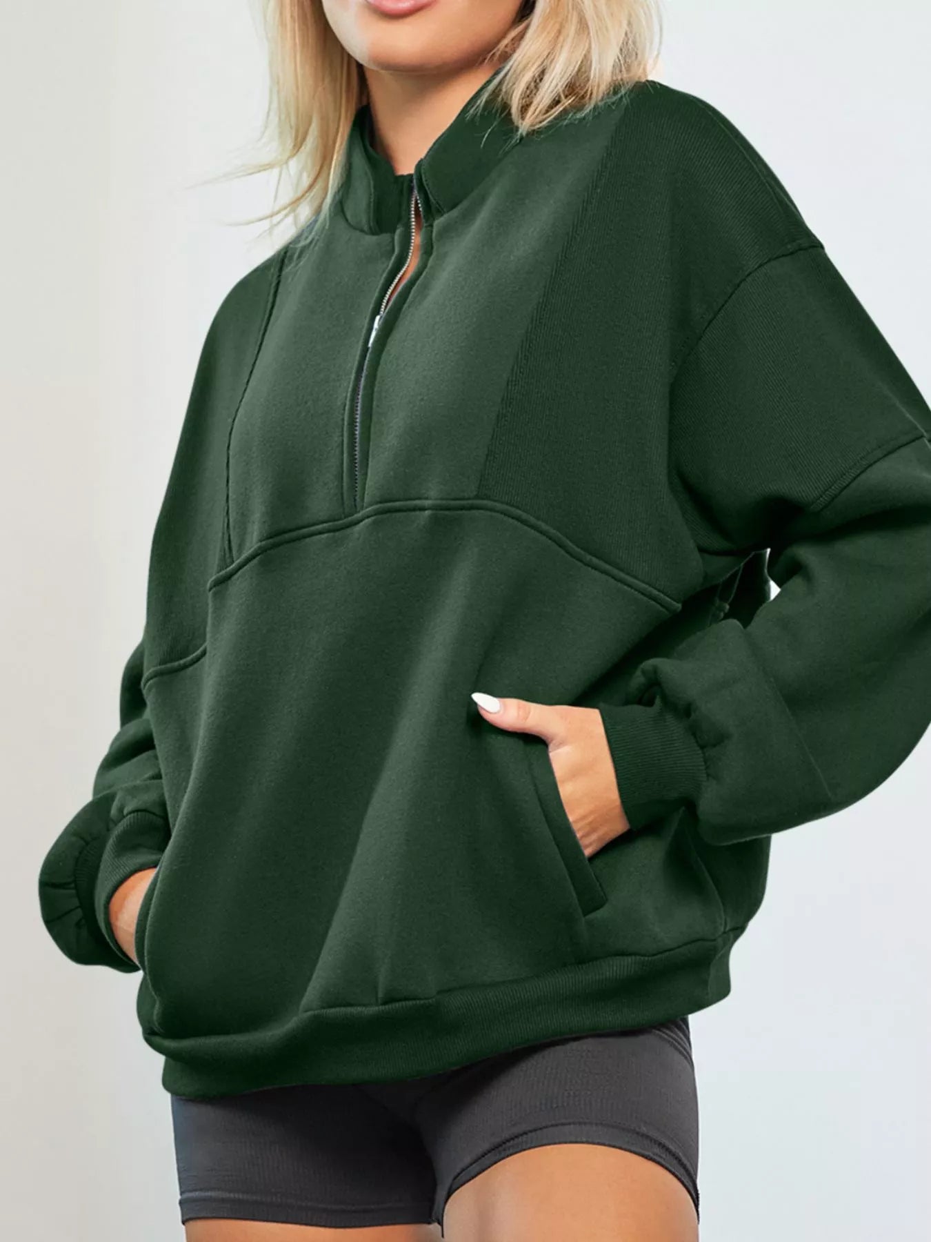 Half Zip Stand Collar Exposed Seam Solid Color Casual Sweatshirt OutfitFlow