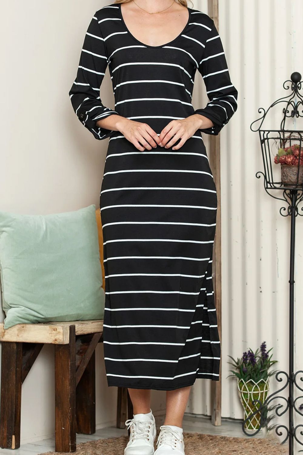 Slit Striped Scoop Neck Long Sleeve Midi Tee Dress