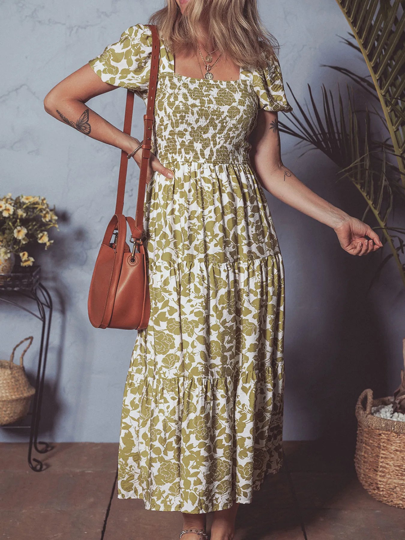 Boho Floral Square Neck Smocked Bust Puff Sleeve Tiered Dress OutfitFlow