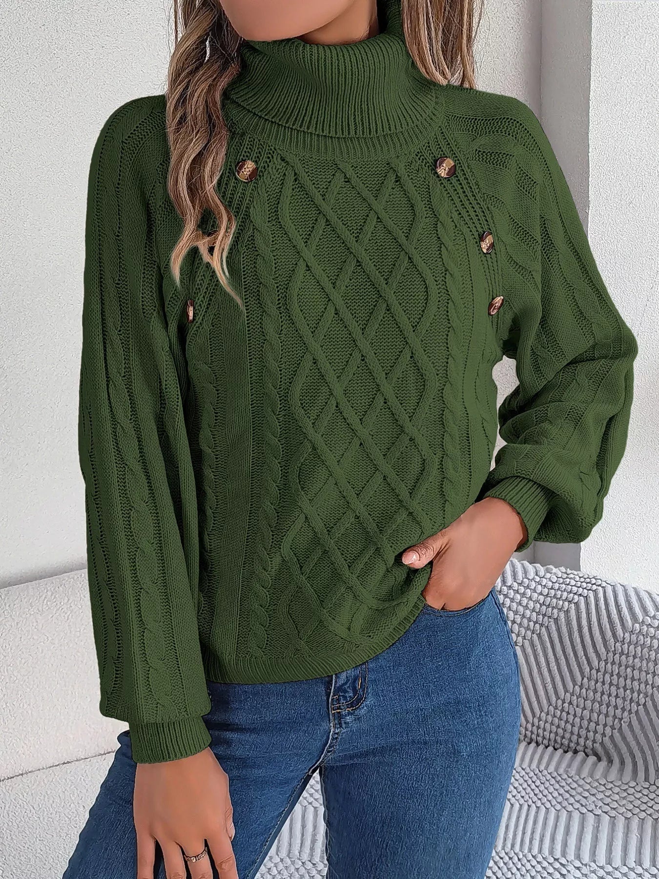 Cable Knit Turtleneck Long Sleeve Sweater OutfitFlow