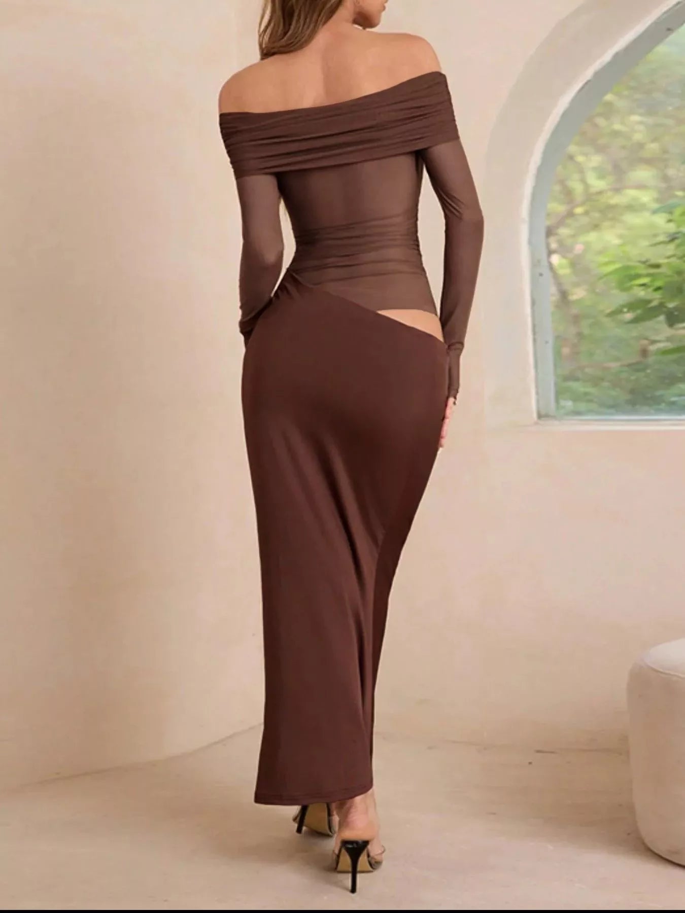 Off-Shoulder Long Sleeve Ruched Bodycon Maxi Dress OutfitFlow