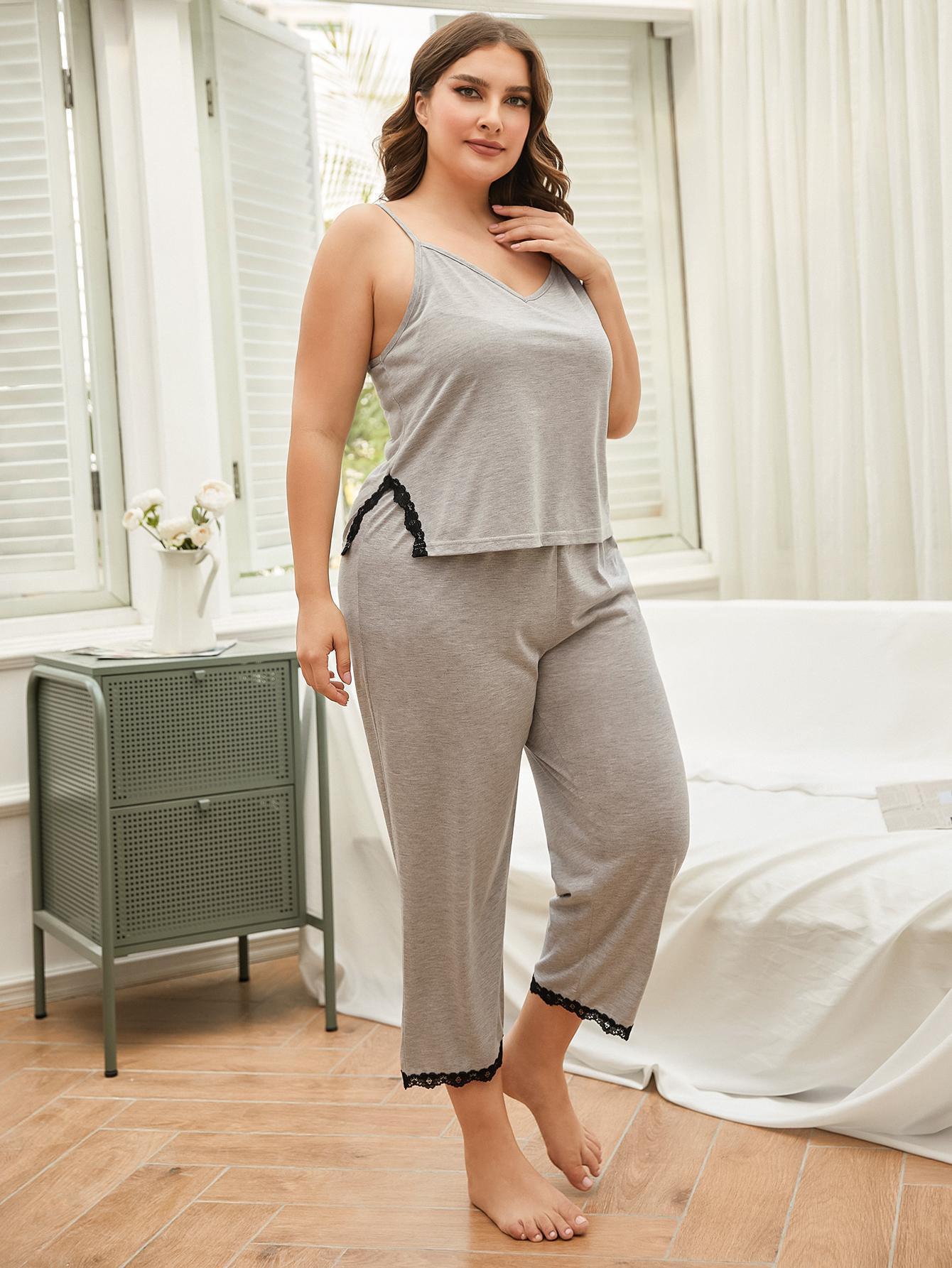 Outfit Flow - Plus Size Lace Trim Slit Cami and Pants Pajama Set