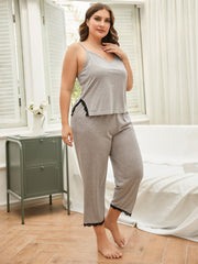 Outfit Flow - Plus Size Lace Trim Slit Cami and Pants Pajama Set