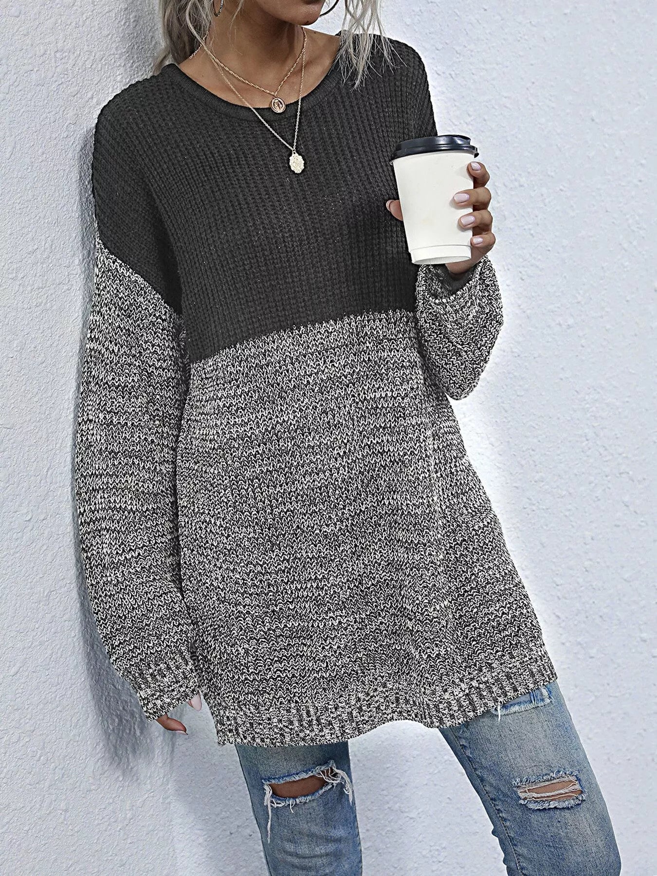 Color Block Long Sleeve Oversized Sweater OutfitFlow