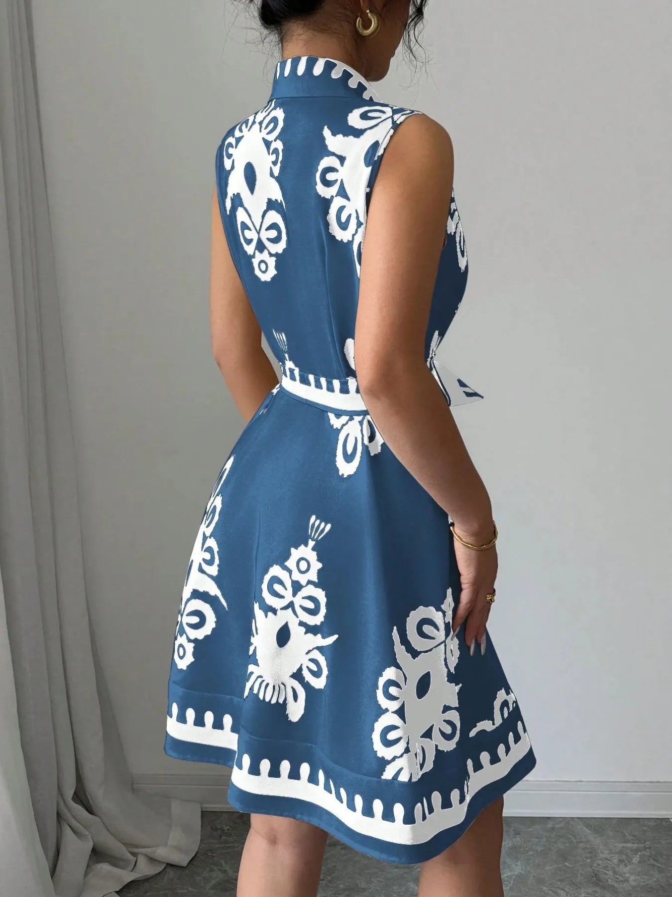 Printed Sleeveless Tie Waist Mini Dress OutfitFlow