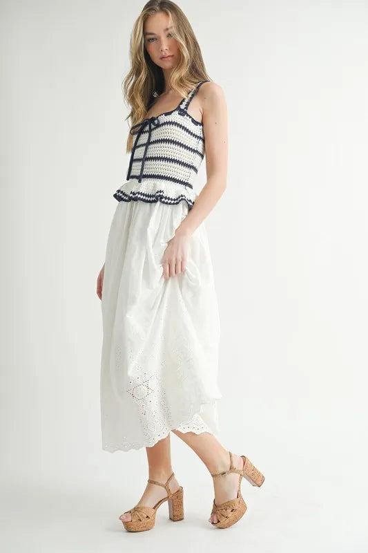 MABLE Crochet Stripe Knit Eyelet Mix Midi Dress OutfitFlow