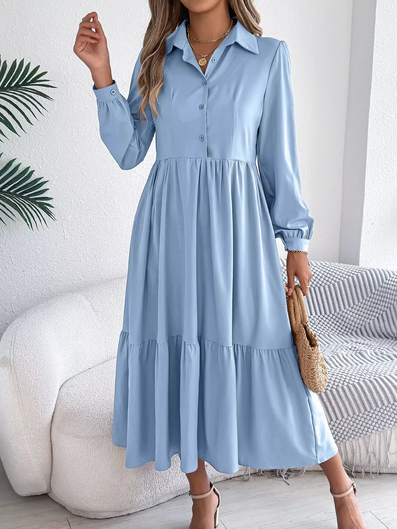 Long Sleeve Tiered Button Front Midi Dress OutfitFlow