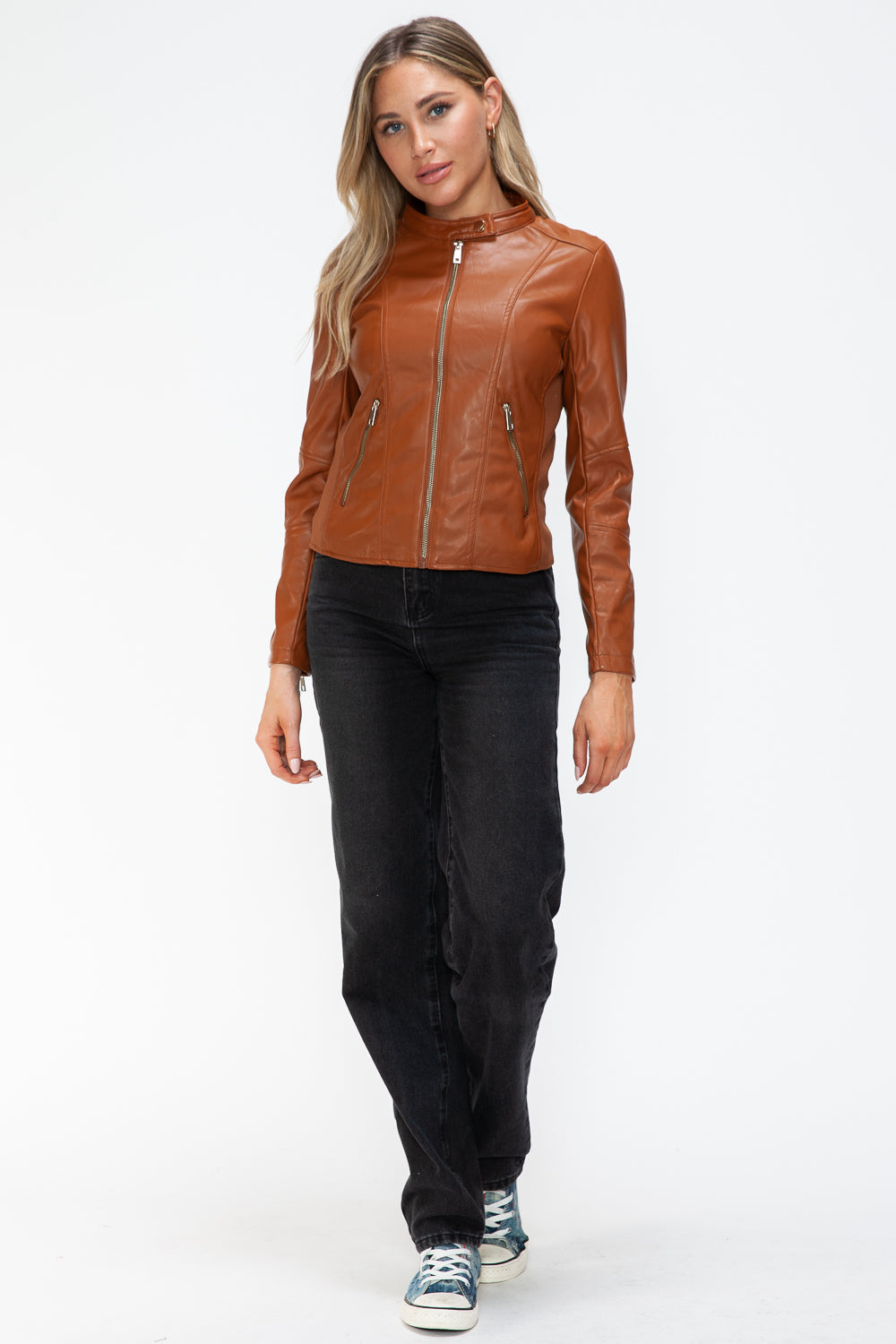 Outfit Flow - Snobbish Faux Leather Zip Up Drawstring Hooded Jacket