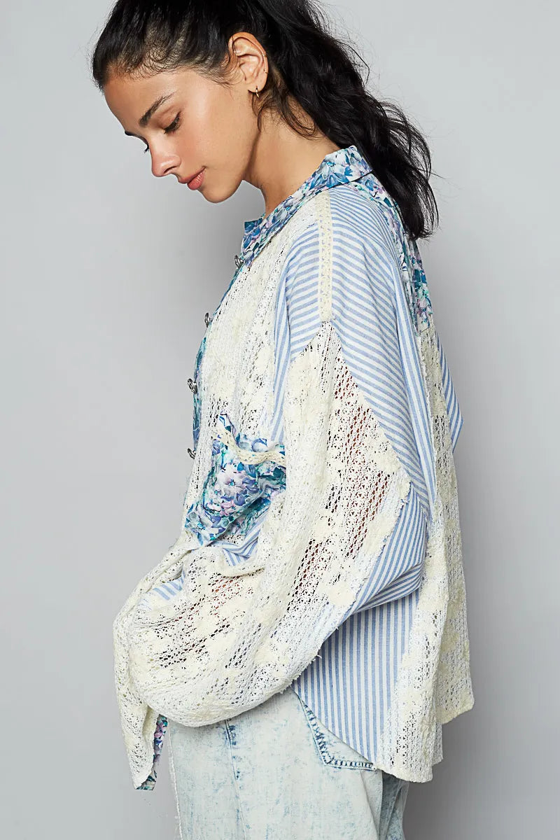 POL Lace Long Sleeve Shirt with Floral and Striped Pattern OutfitFlow